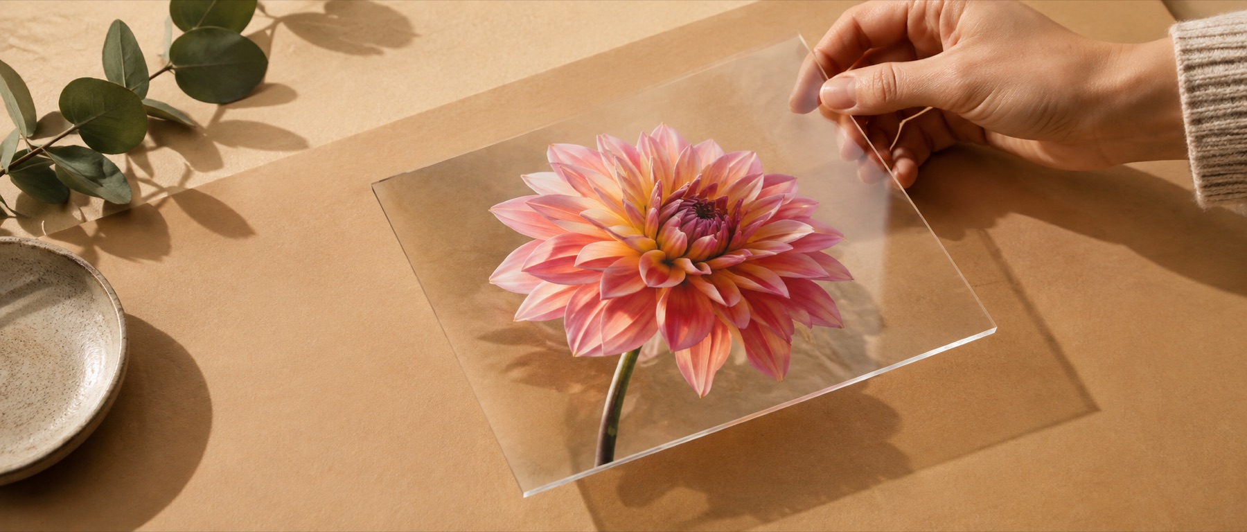 A transparent acrylic image being placed over a warm matte paper background.